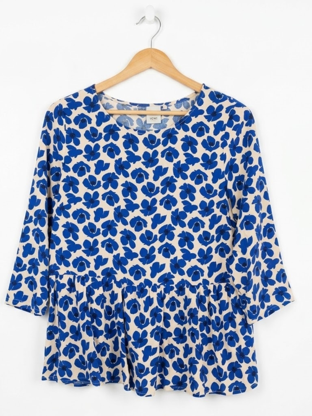 ICHI Floral US 4 Babydoll Peplum Top Blue/Cream Spring/Summer Office Casual